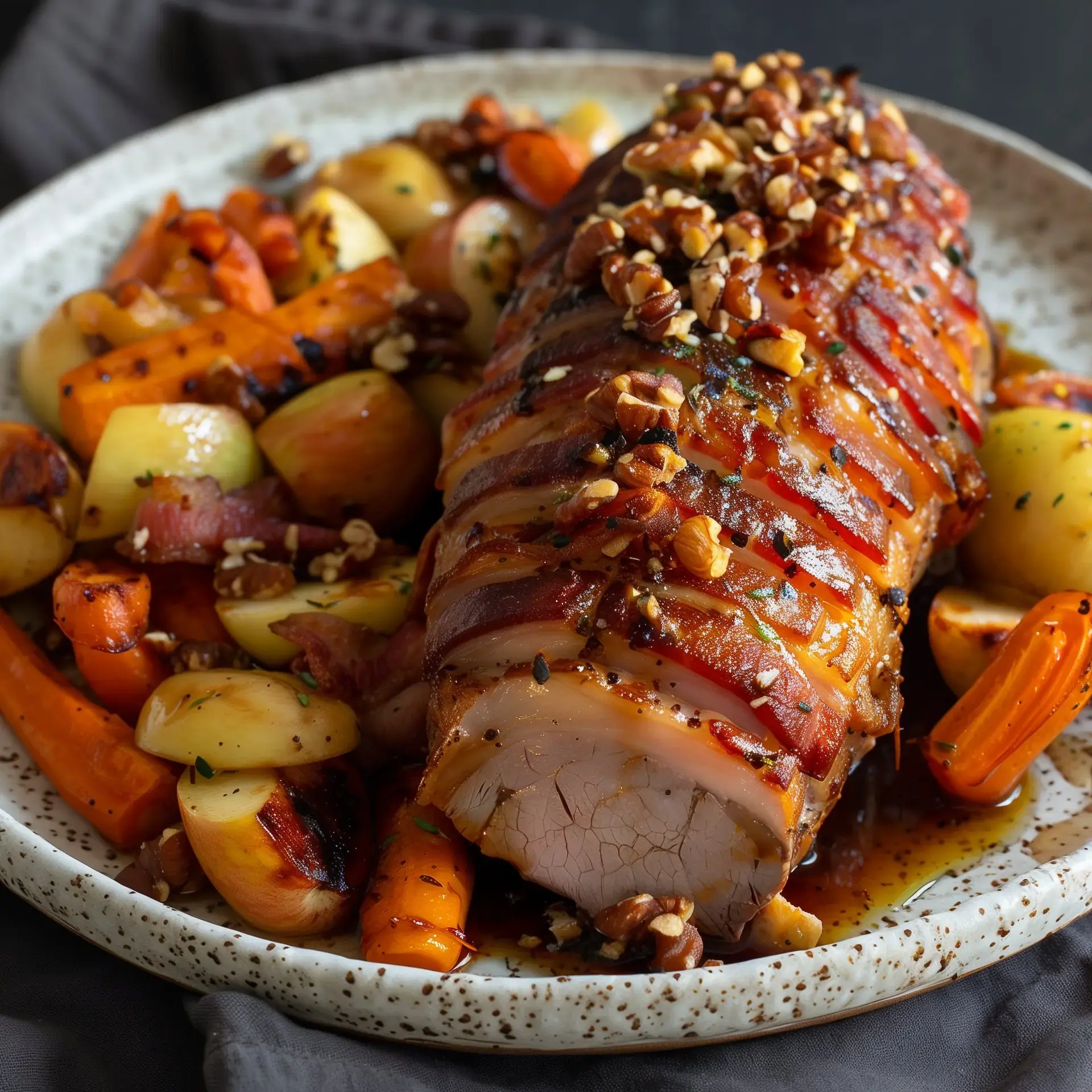Assiette de rôti au lard, noisettes, carottes et pommes de terre rôties