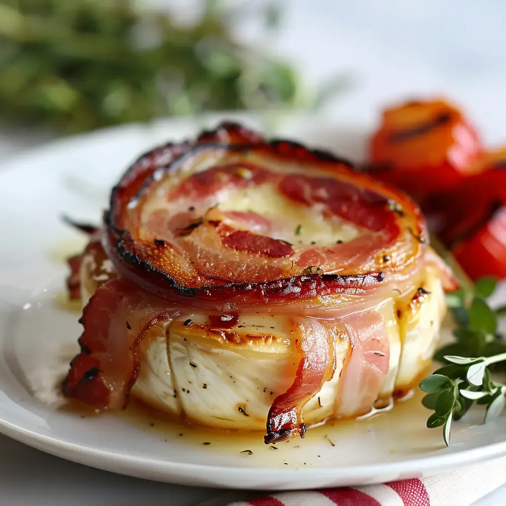 Un camembert recouvert de bacon doré, servi avec poivrons grillés et herbes fraîches.