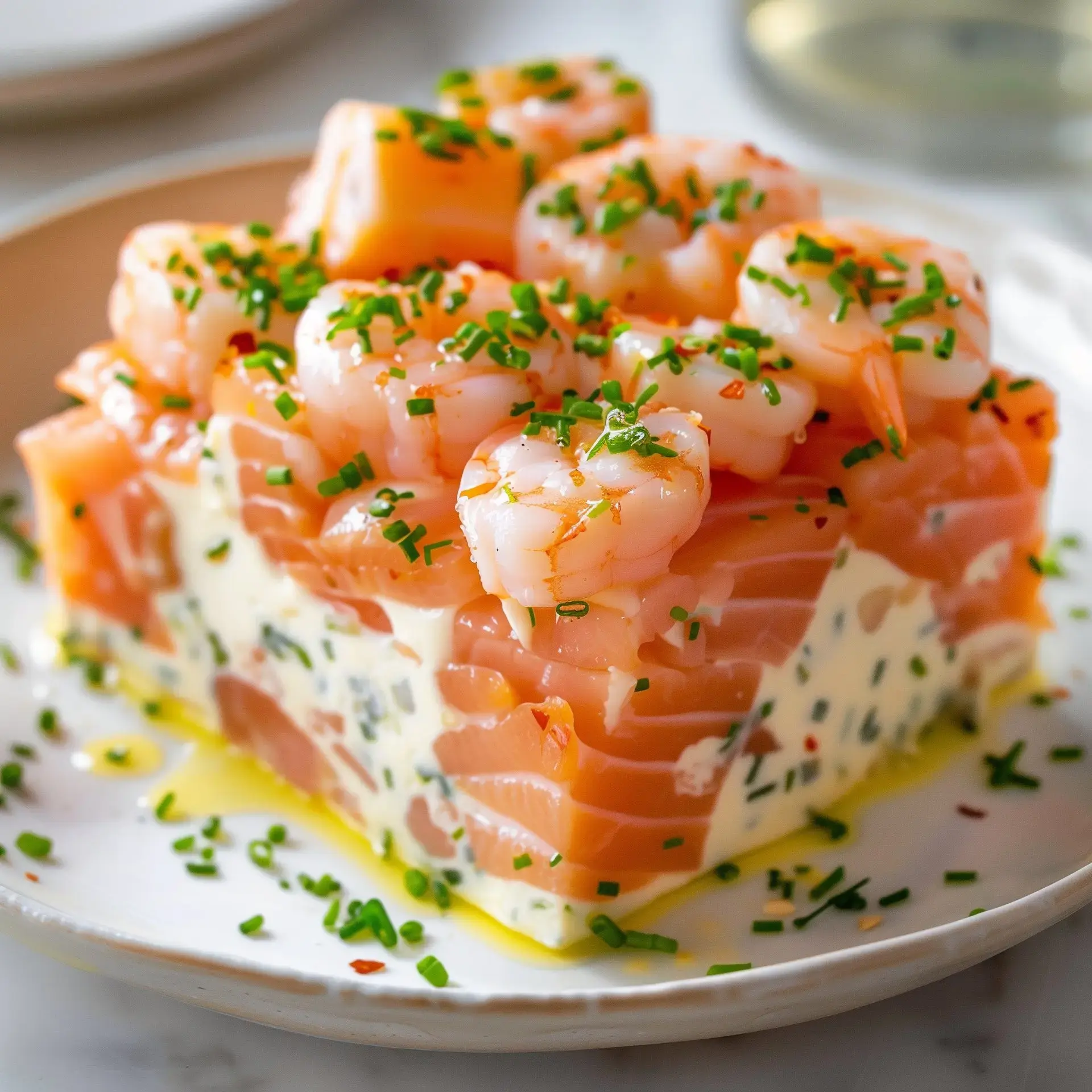 Saumon, crevettes et herbes, joliment servis dans une assiette simple.