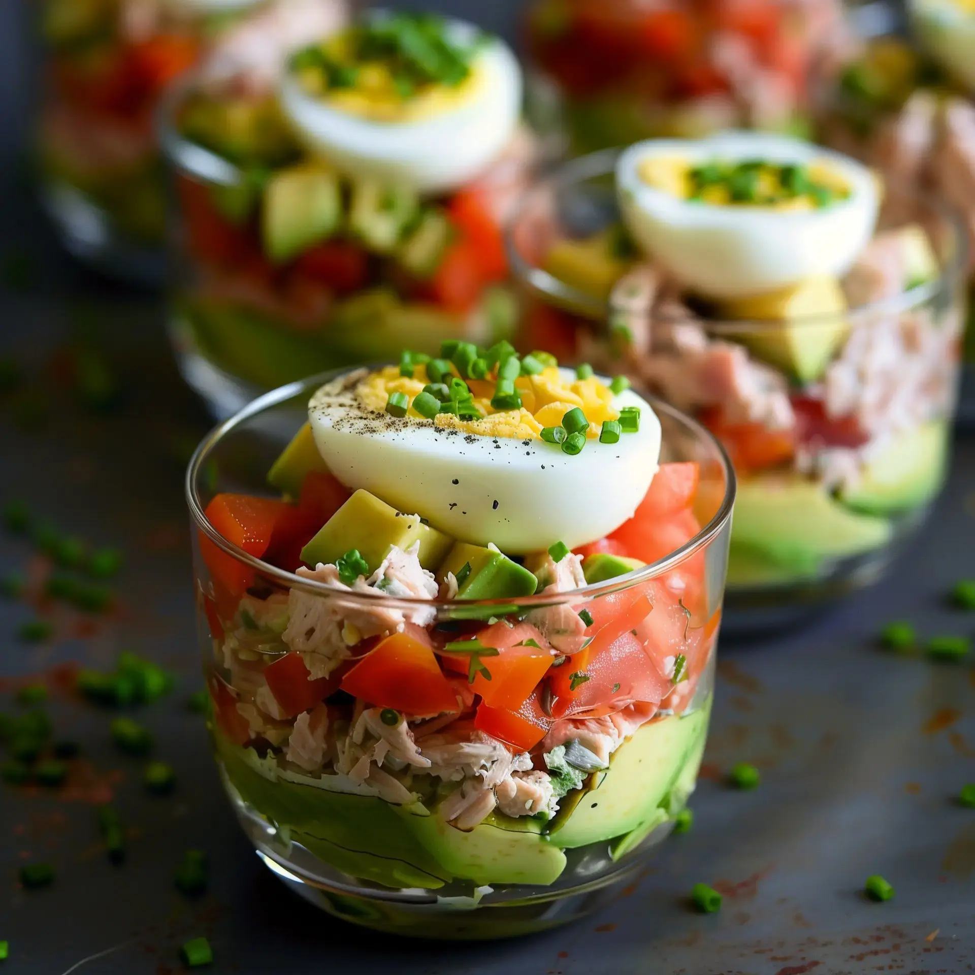 Petites coupes de salade jolies remplies de thon, avocat, tomates et œuf dur avec quelques brins de ciboulette.