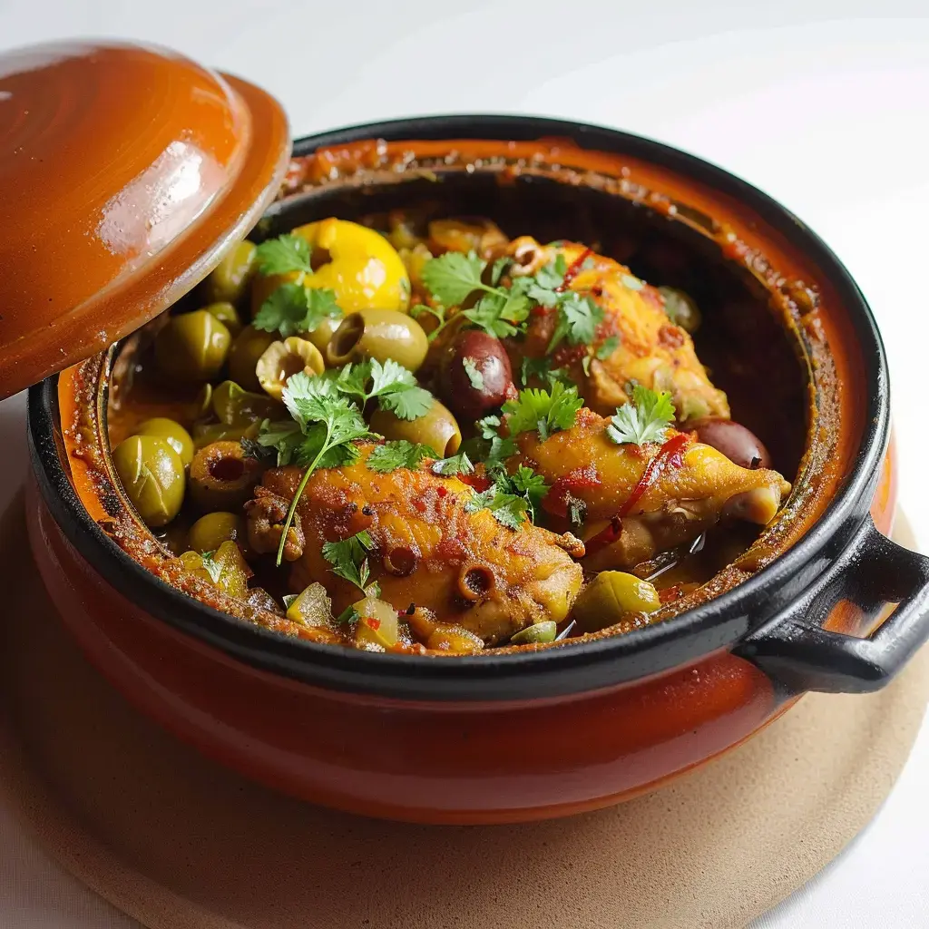 Poulet parfumé avec olives et herbes marocaines, servi dans un plat en terre.