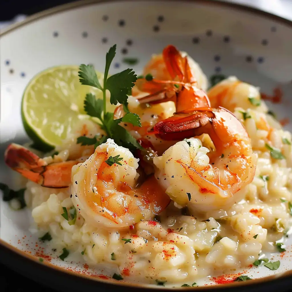 Risotto crémeux aux crevettes, coriandre et citron vert frais dessus.