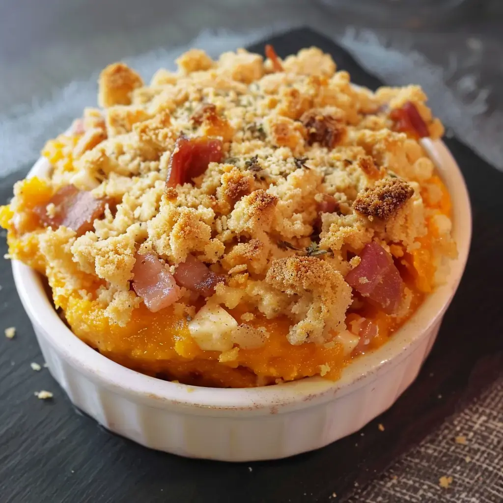 Plat gratiné où la courge et le bacon sont recouverts d’une croûte dorée super épaisse.