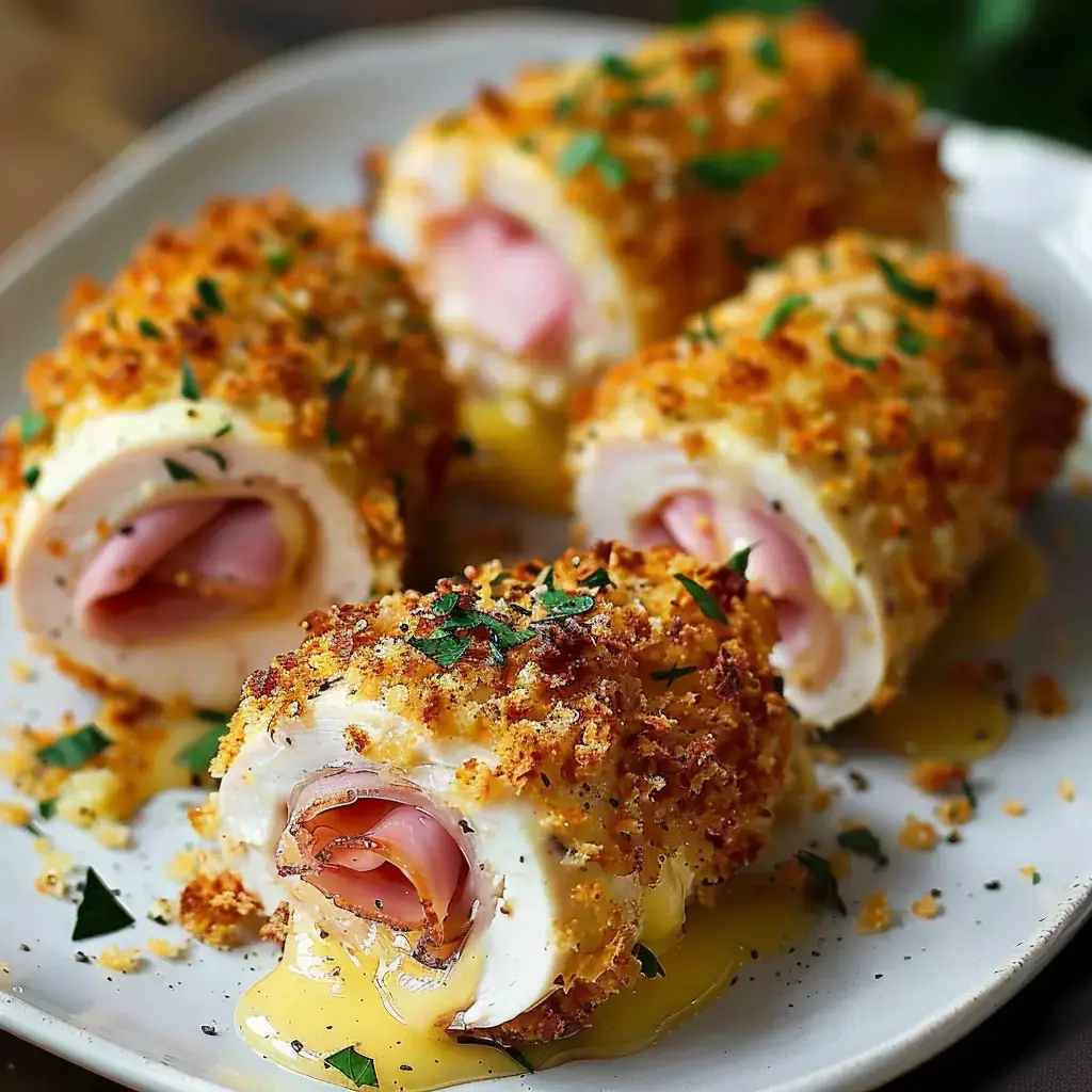 Sur une assiette, quatre roulés dorés remplis de jambon et fromage, nappés d’une sauce onctueuse.