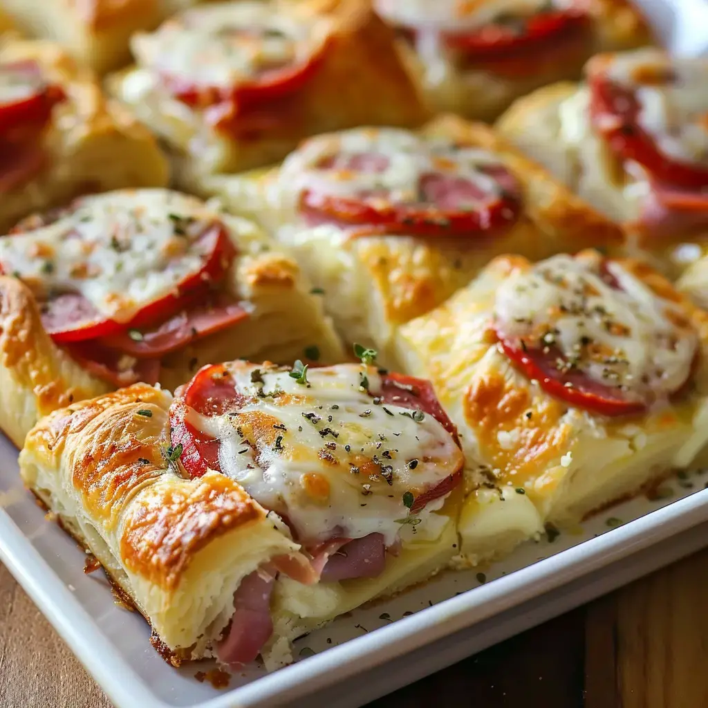 Des petits feuilletés fourrés de fromage, tomate et jambon, recouverts d'herbes, servis sur un plat convivial.
