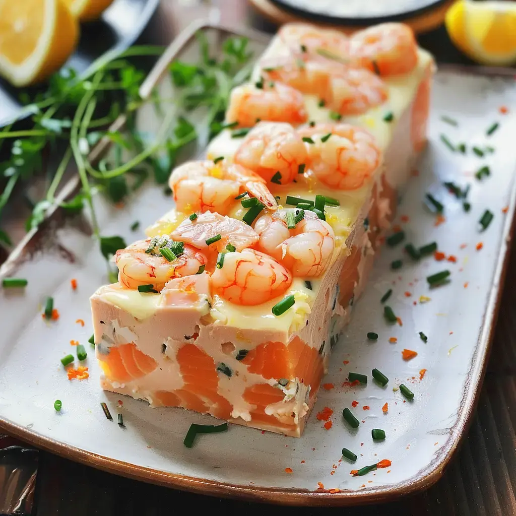 Jolie terrine de poisson, crevettes sur le dessus, herbes vertes et citrons frais autour.