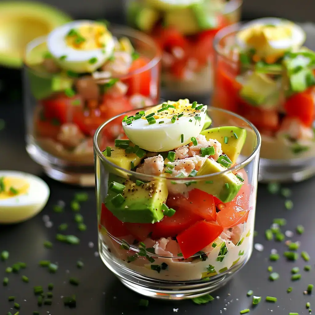 Jolies verrines où s’empilent tomates, avocat, œuf dur et miettes de thon, avec de la ciboulette sur le dessus.