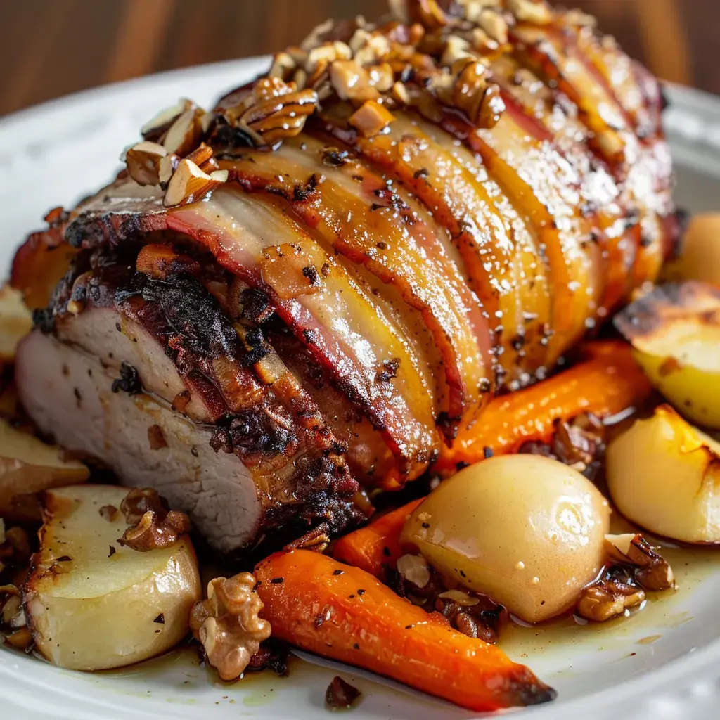 Un rôti garni de bacon et de noix, accompagné de carottes et de pommes de terre rôties, posé sur une grande assiette blanche.