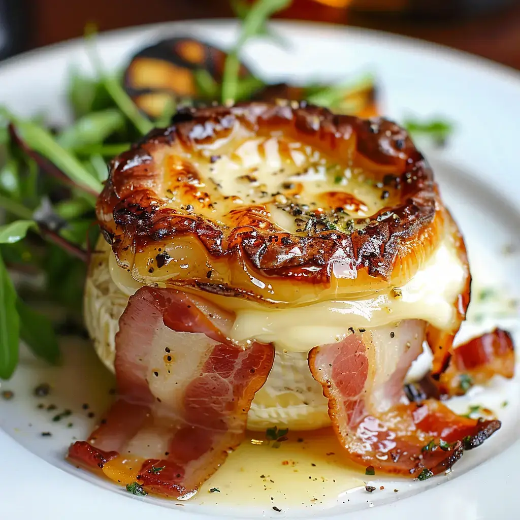 Fromage chaud et coulant, recouvert de bacon doré, agrémenté d’oignons caramélisés et d’une salade de jeunes pousses.