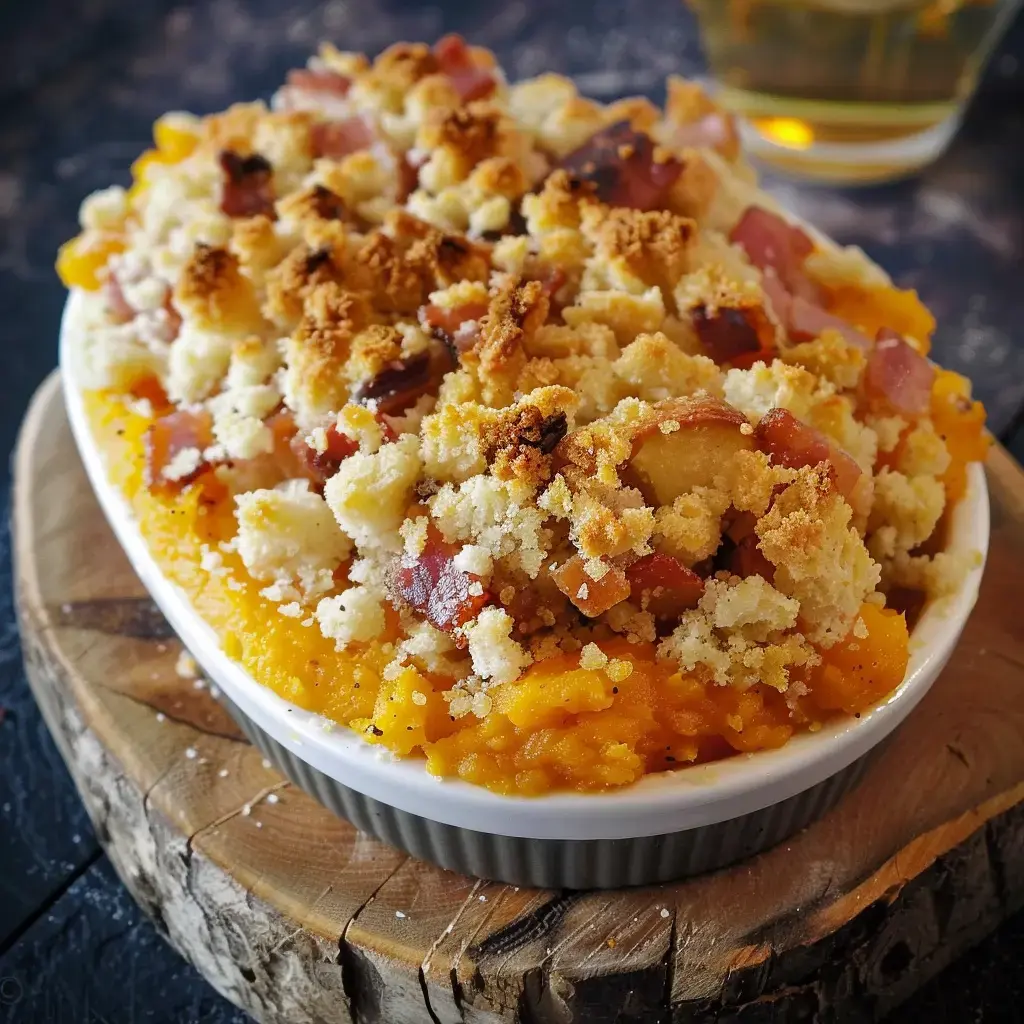 Gratin de courge avec bacon croustillant et croûte gratinée servi dans un plat blanc posé sur une planche de bois.