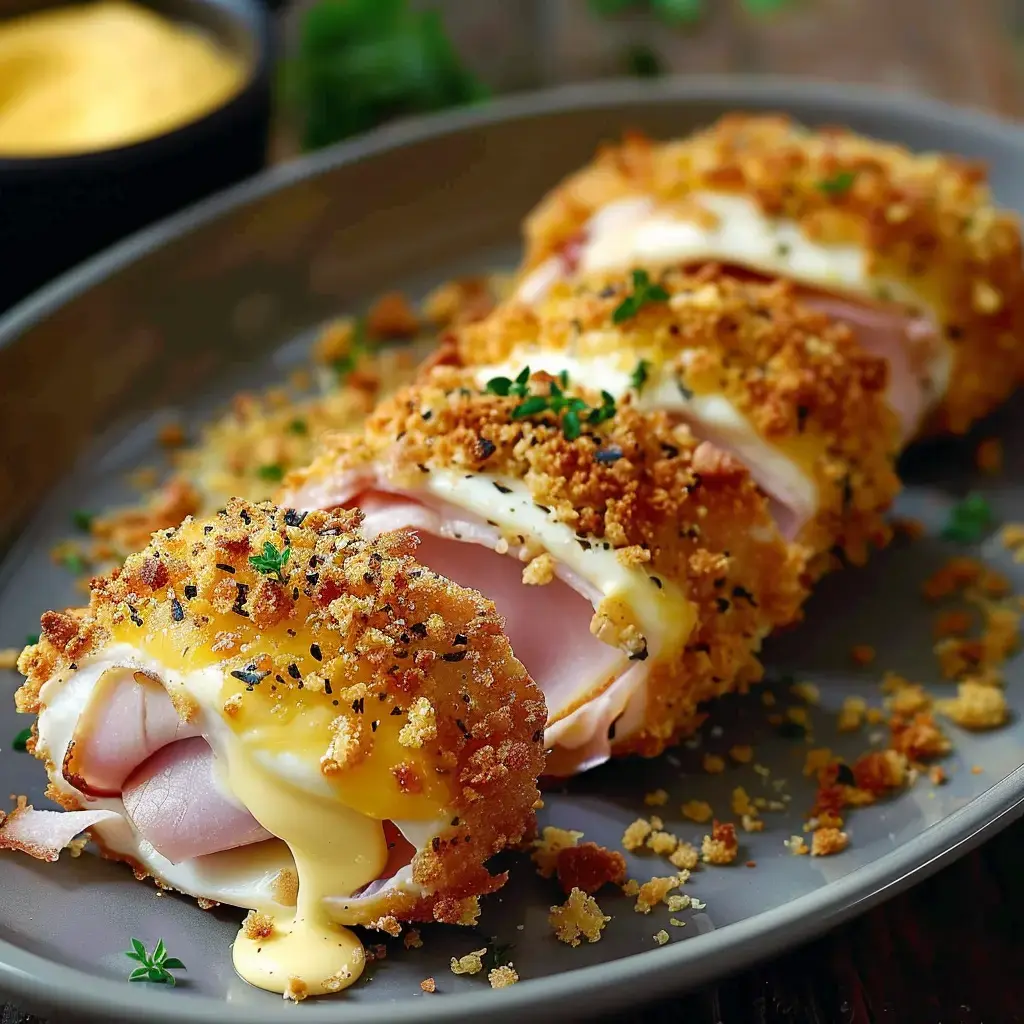 Des roulés croustillants au jambon et fromage coulant sur une assiette grise.