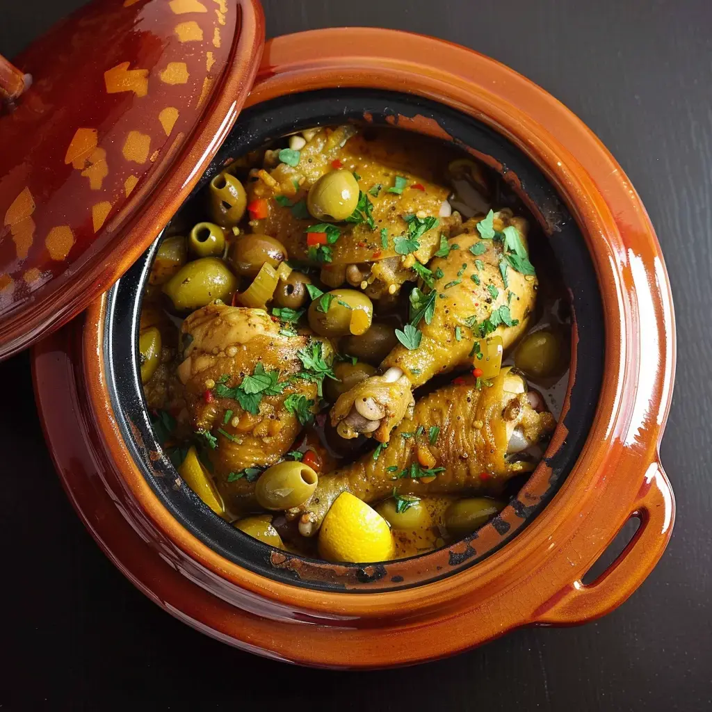 Poulet tendre mijoté avec olives et citron, le tout saupoudré de coriandre, dans une jolie terrine en terre cuite.