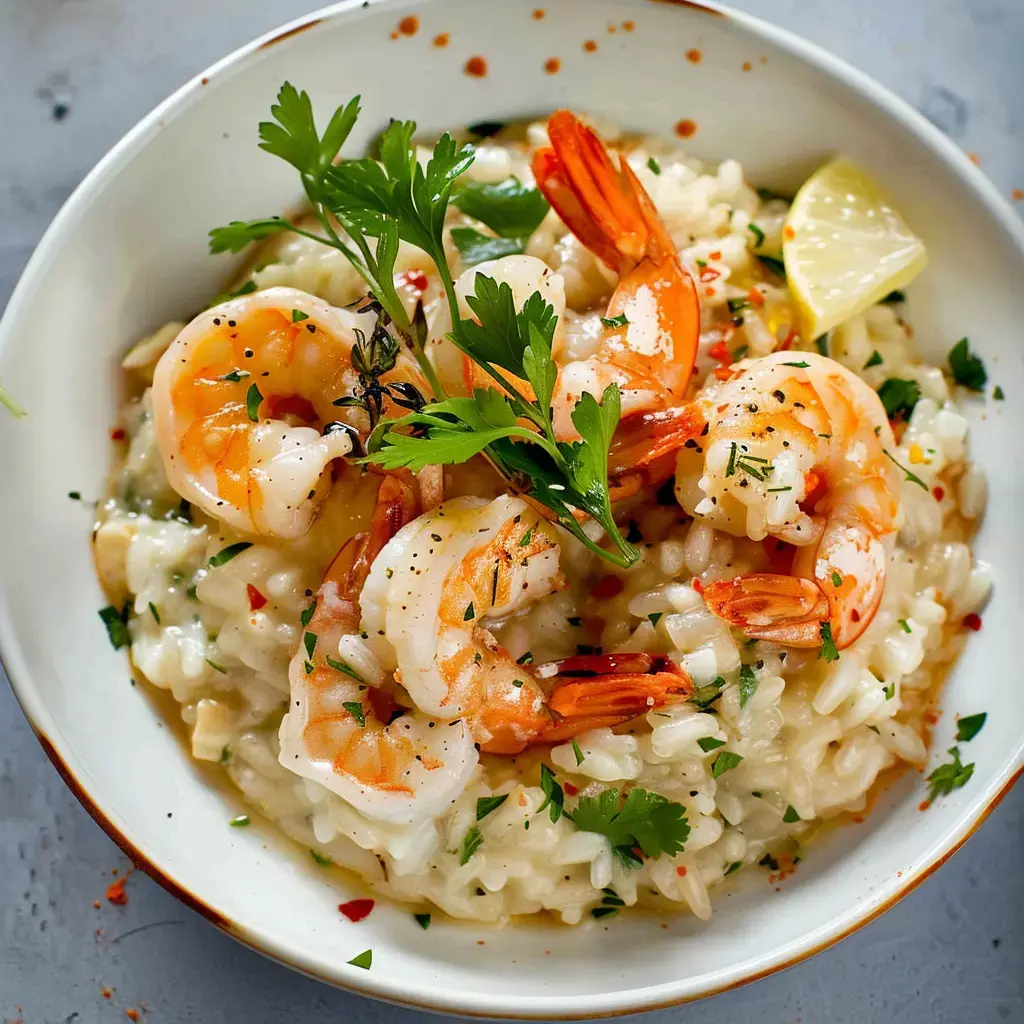 Bol de riz crémeux et crévettes fraîches, surmonté de persil haché.