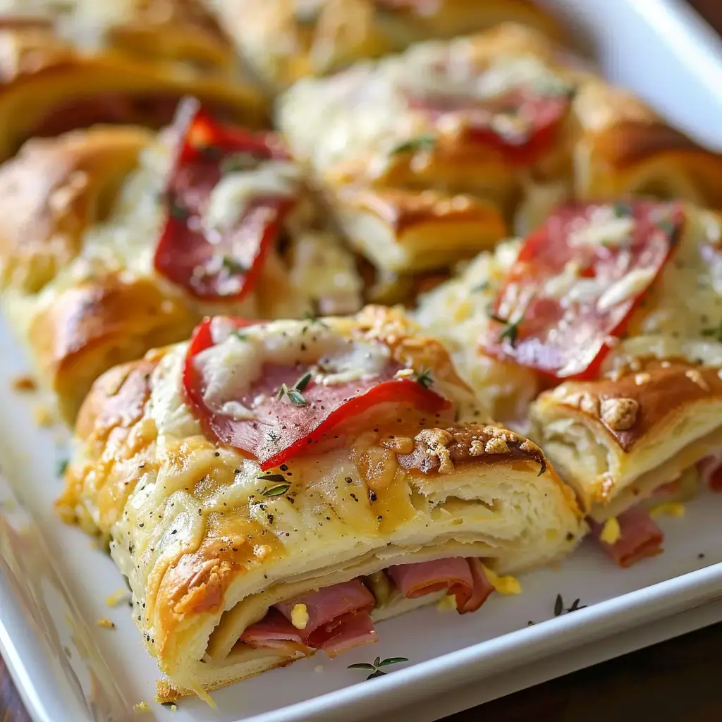 Petits roulés feuilletés garnis de jambon, fromage et poivron rouge, le tout parsemé d'herbes.