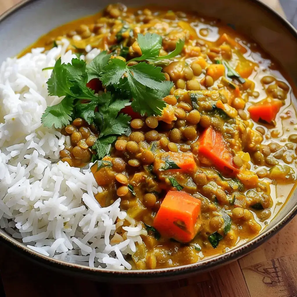 Bol de riz blanc tout simple, avec un curry de lentilles, carottes, plein de coriandre dessus. Miam.
