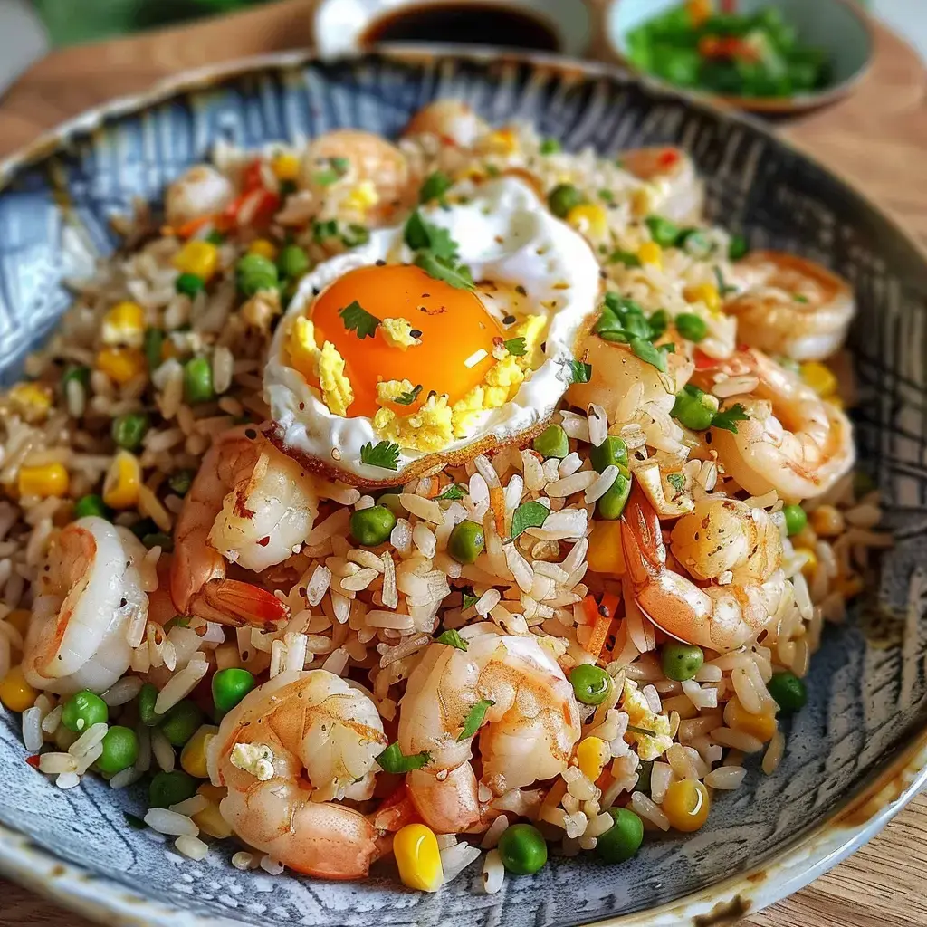 Bol garni de riz sauté, crevettes, œuf, petits pois et maïs, couronné de coriandre fraîche.