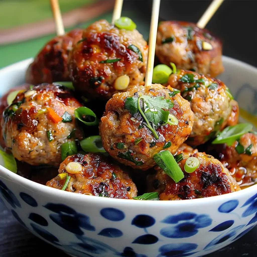 Des boulettes bien dorées, coriandre et oignons verts parsemés au-dessus, déposées dans un joli bol.