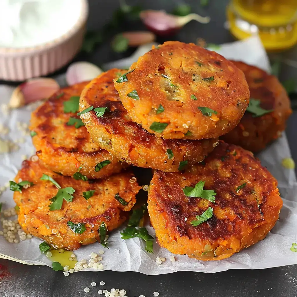 Petites galettes veggies bien dorées, pleines de coriandre, déposées sur du papier cuisson avec du yaourt à côté.