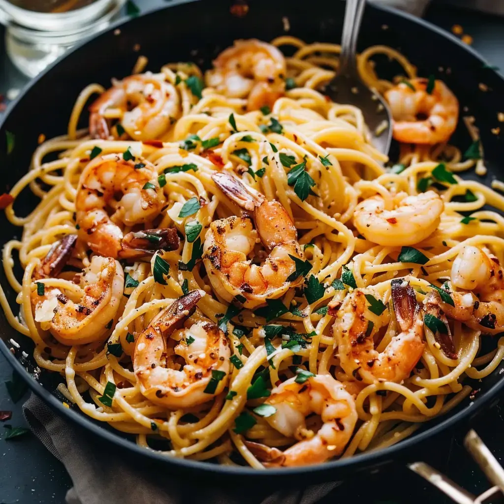 Pâtes aux crevettes avec persil dans un plat noir.
