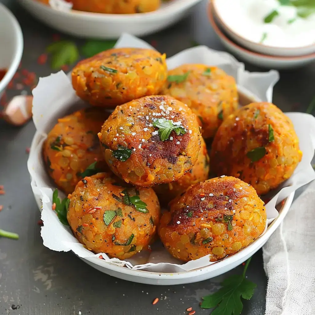 Petites boulettes de lentilles bien dorées au persil, posées dans un bol sur du papier blanc.