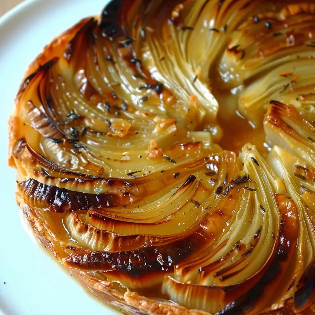 Belle tarte aux oignons caramélisés en spirale sur une grande assiette.