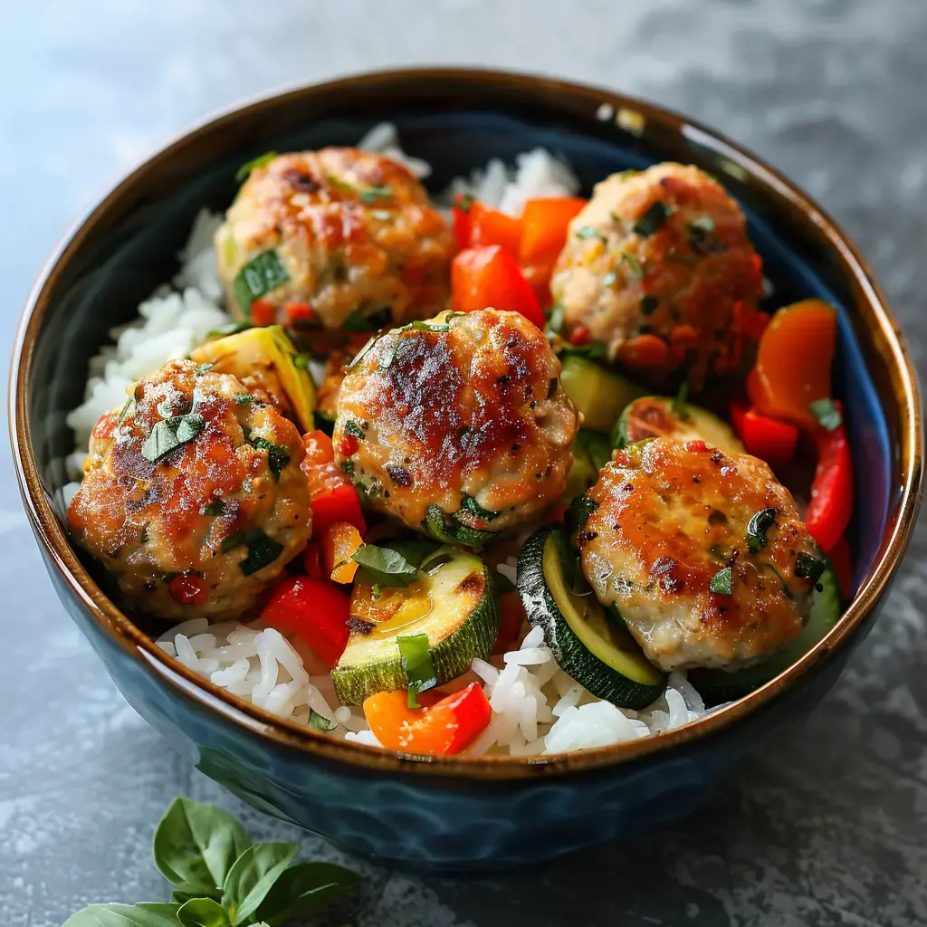 Un bol de riz surmonté de boulettes dorées et légumes comme courgette et poivrons colorés.