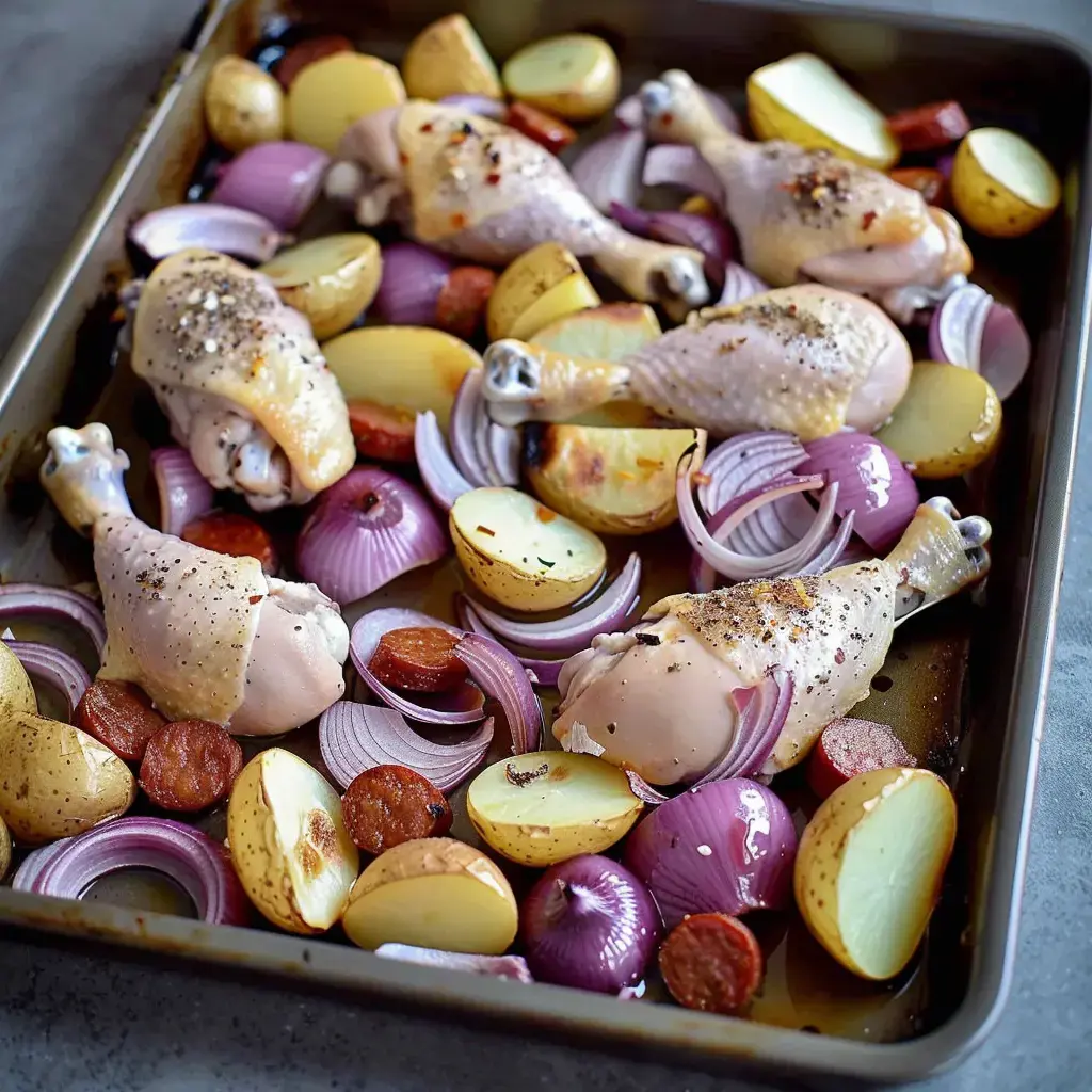 Cuisses de poulet et pommes de terre rôties, avec oignons rouges, prêts à servir dans un plat.