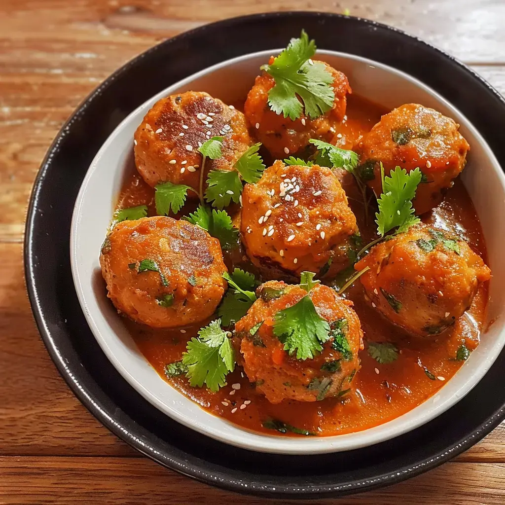Une assiette de boulettes dorées avec sauce rouge, coriandre fraîche dessus et touche de sésame.