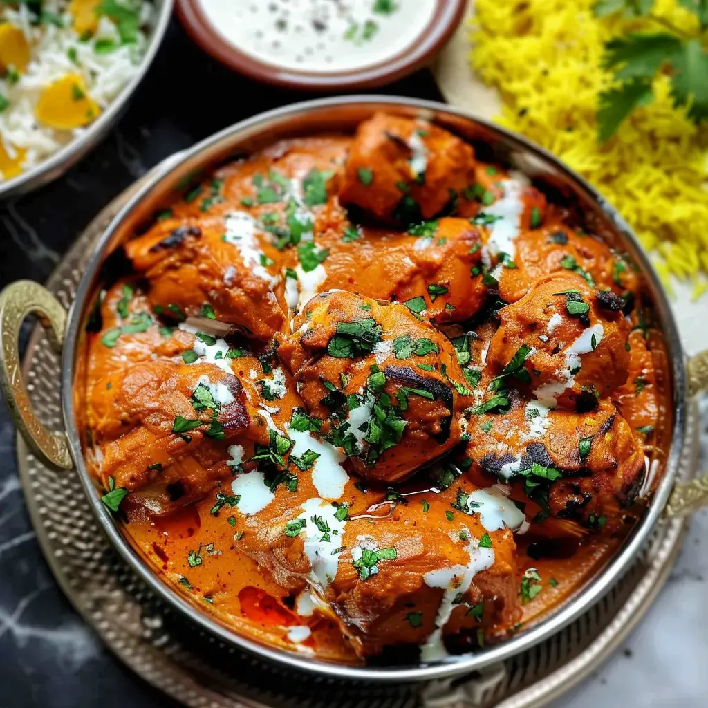 Délicieux poulet au curry dans une sauce toute douce, avec riz jaune et coriandre.