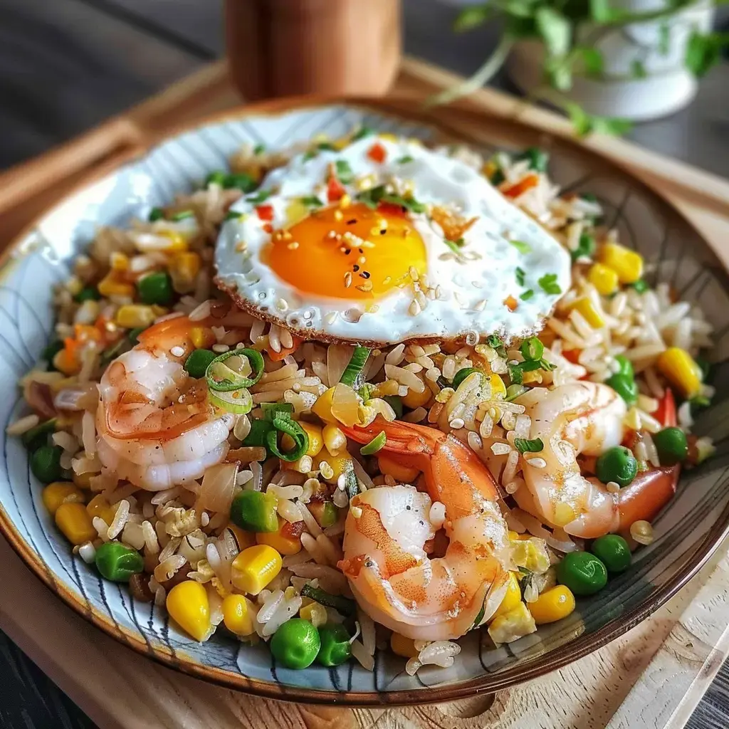 Bol de riz sauté avec crevettes, légumes bien colorés et œuf au plat dessus.