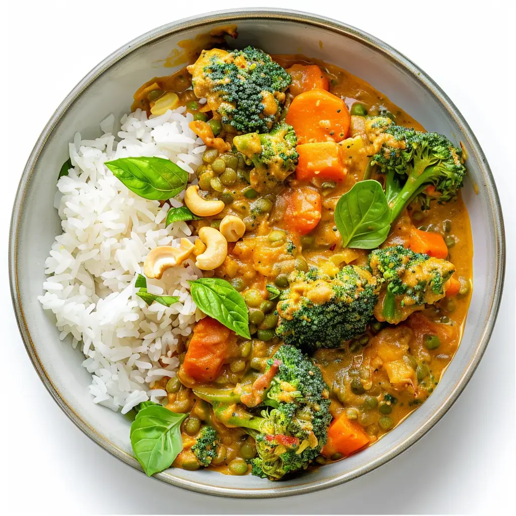 Un bol coloré de curry veggie : brocoli, carottes, lentilles, noix de cajou grillées, riz blanc, basilic.