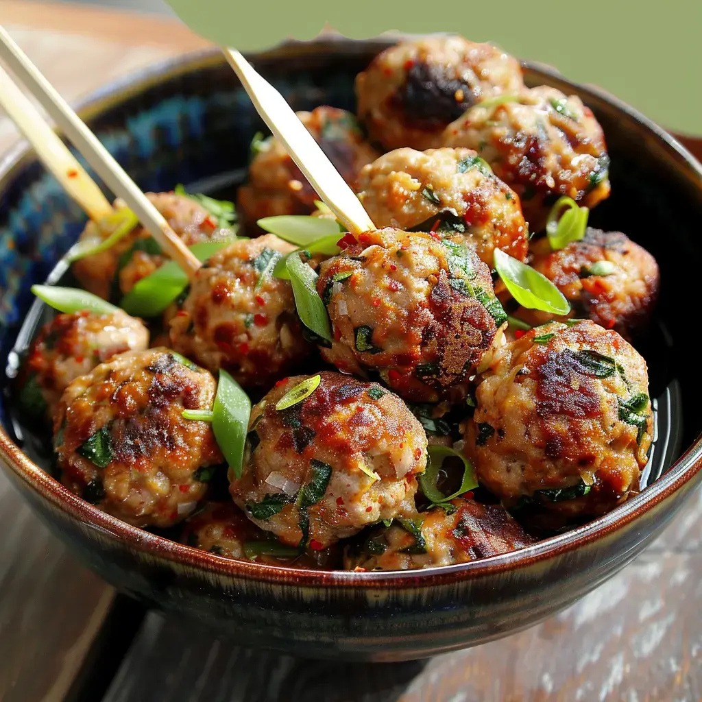 Un bol garni de boulettes dorées, surmontées d’oignons nouveaux et de piques en bois.