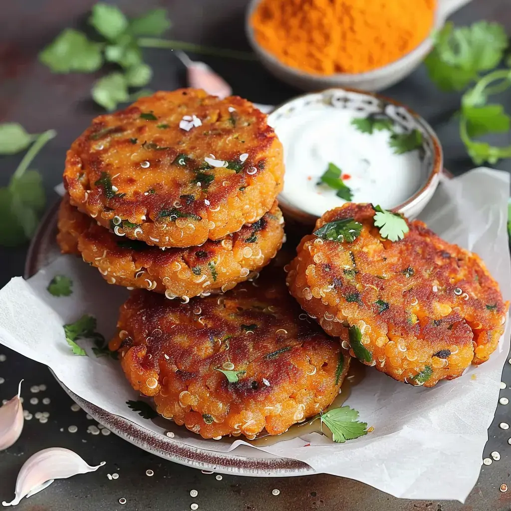 Galettes bien dorées au quinoa, posées avec du yaourt et un nuage d’épices en fond.