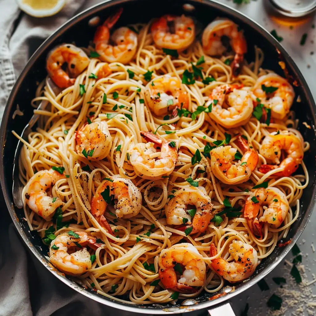 Un plat de pâtes aux crevettes, parsemé de persil, dans une poêle.