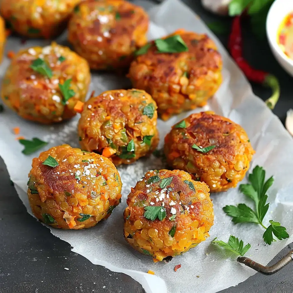 Boulettes de lentilles dorées parsemées de persil sur papier cuisson.