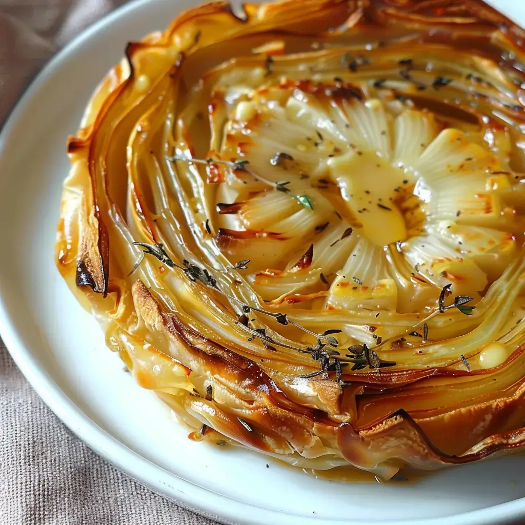 Tarte aux oignons caramélisés joliment enroulés, saupoudrée de thym, sur grande assiette blanche.