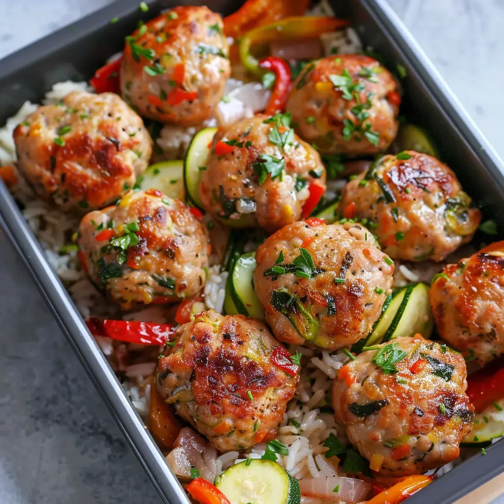 Boulettes moelleuses, riz et légumes lumineux dans un plat métal.