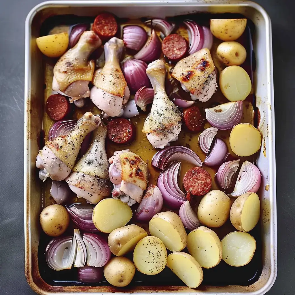 Cuisses de poulet croustillantes, chorizo, oignons rouges et pommes de terre bien dorées sur une plaque au four.