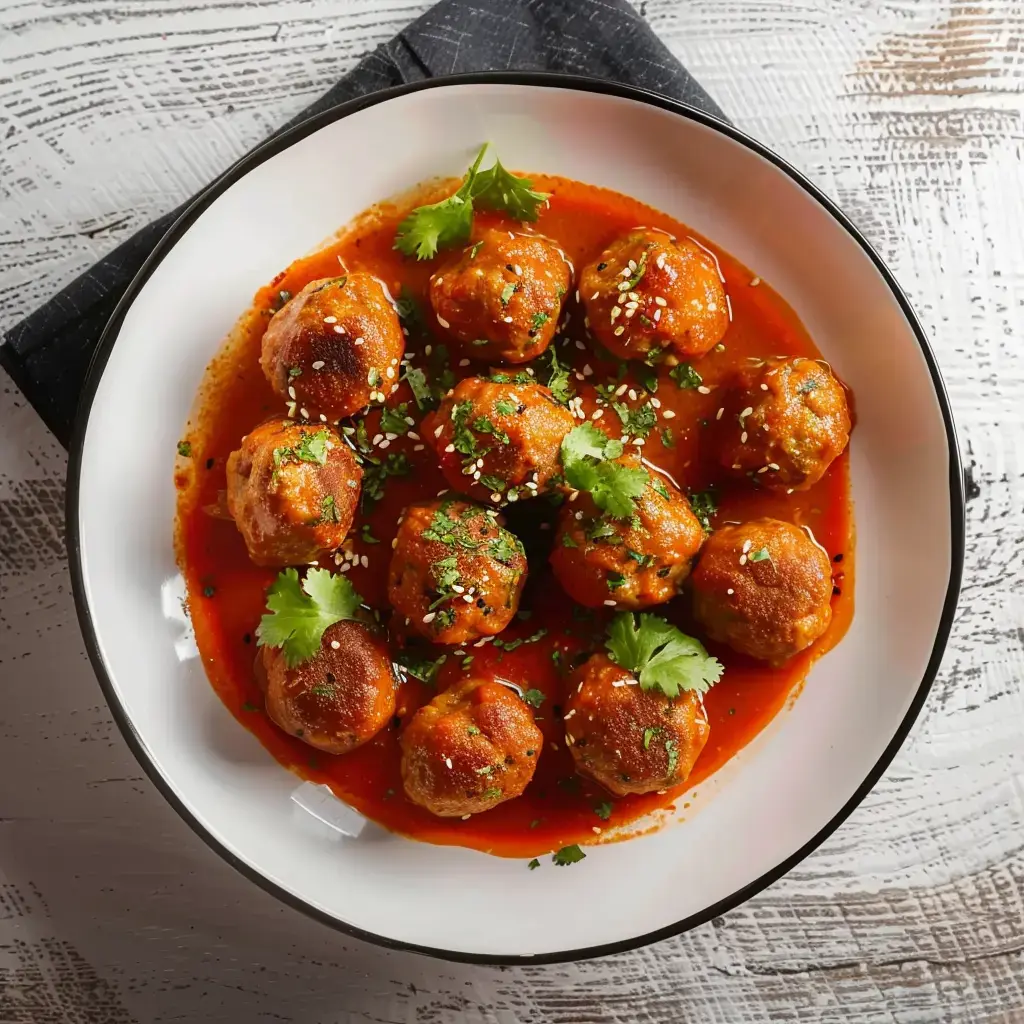 Assiette blanche avec boulettes moelleuses en sauce tomate, recouvertes de coriandre fraîche et de sésame doré.