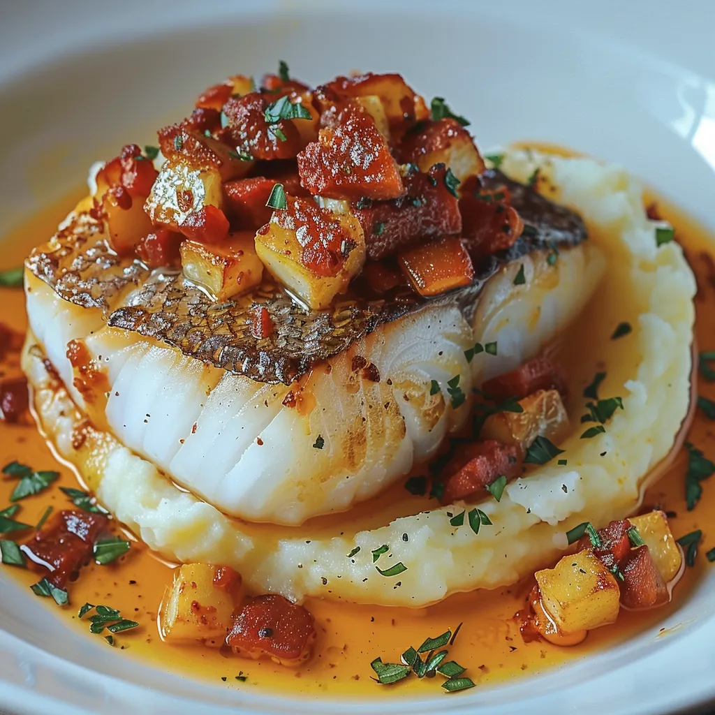Dos de cabillaud sauce chorizo et écrasé de pommes de terre maison