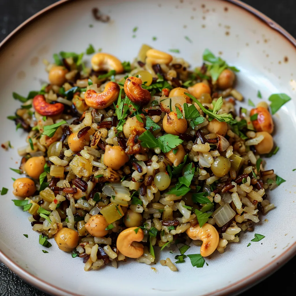 Riz sauvage, épices, pois chiches et cajous croustillantes