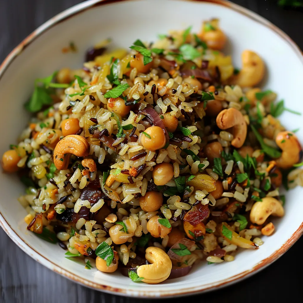 Délicieux Riz Sauvage épicé, Pois Chiches, Noix de Cajou et Oignons dorés