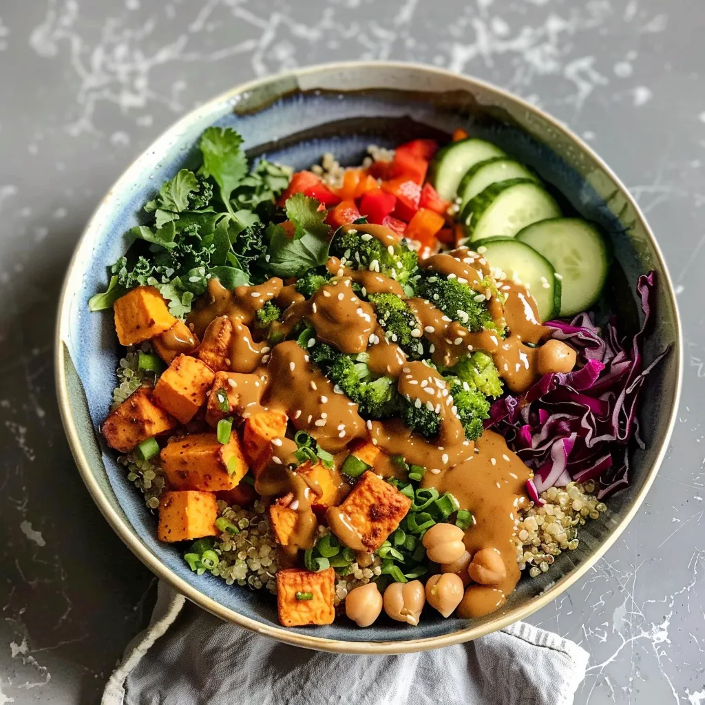 Bol avec patate douce, sauce thaï-cacahuète et plein de légumes frais