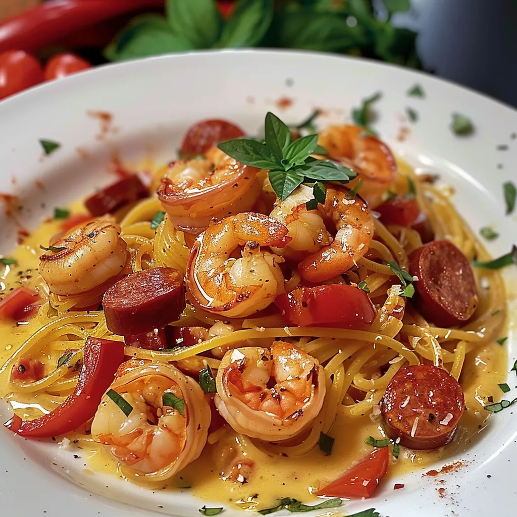 Assiette de pâtes crémeuses aux poivrons, chorizo épicé et crevettes fondantes