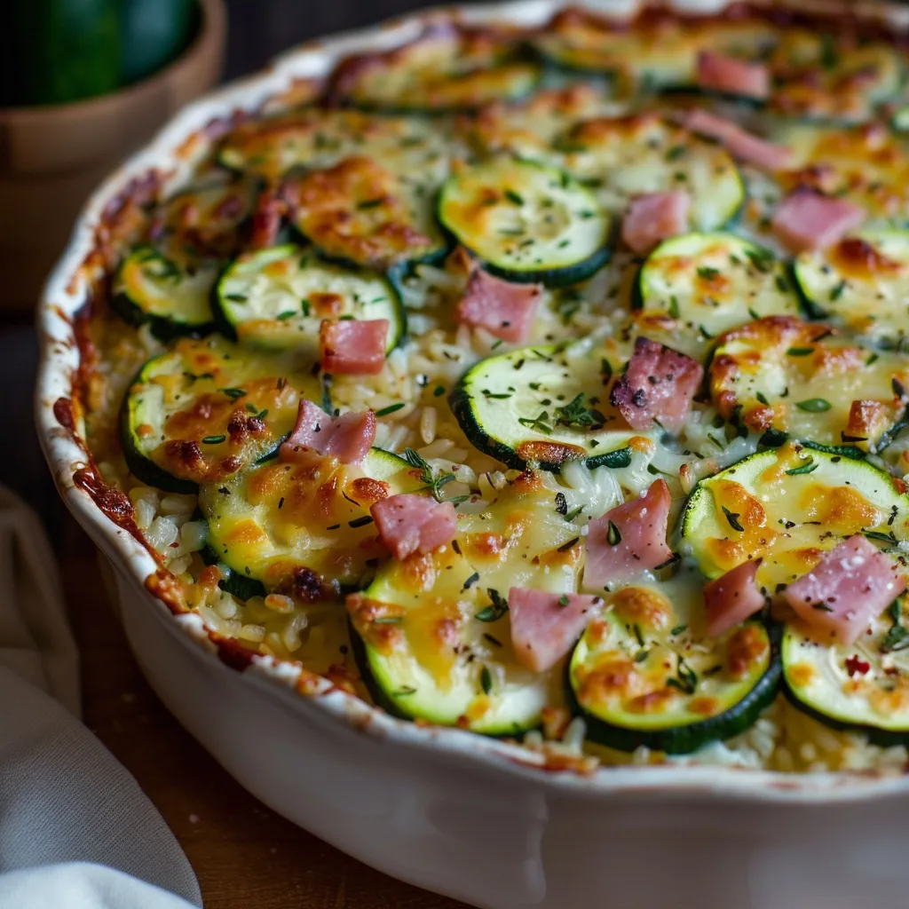 Délicieux gratin aux courgettes, riz et jambon