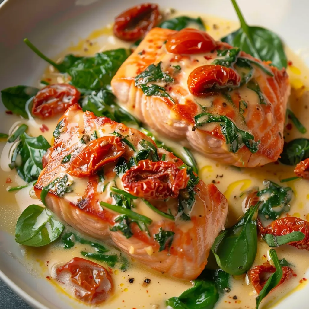 Saumon façon Toscane, sauce onctueuse aux épinards et tomates