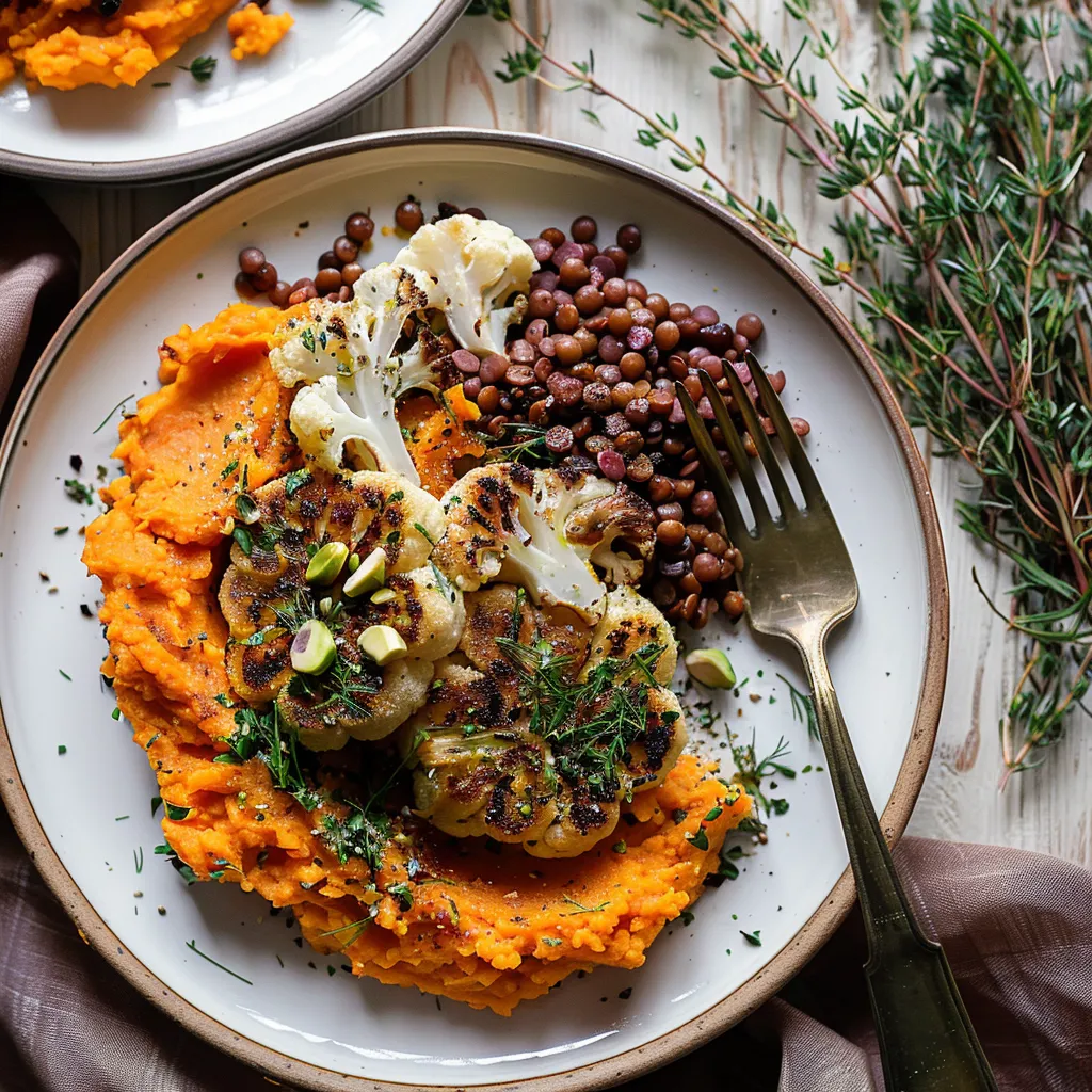 Chou-Fleur Rôti Vegan avec Purée de Patate Douce