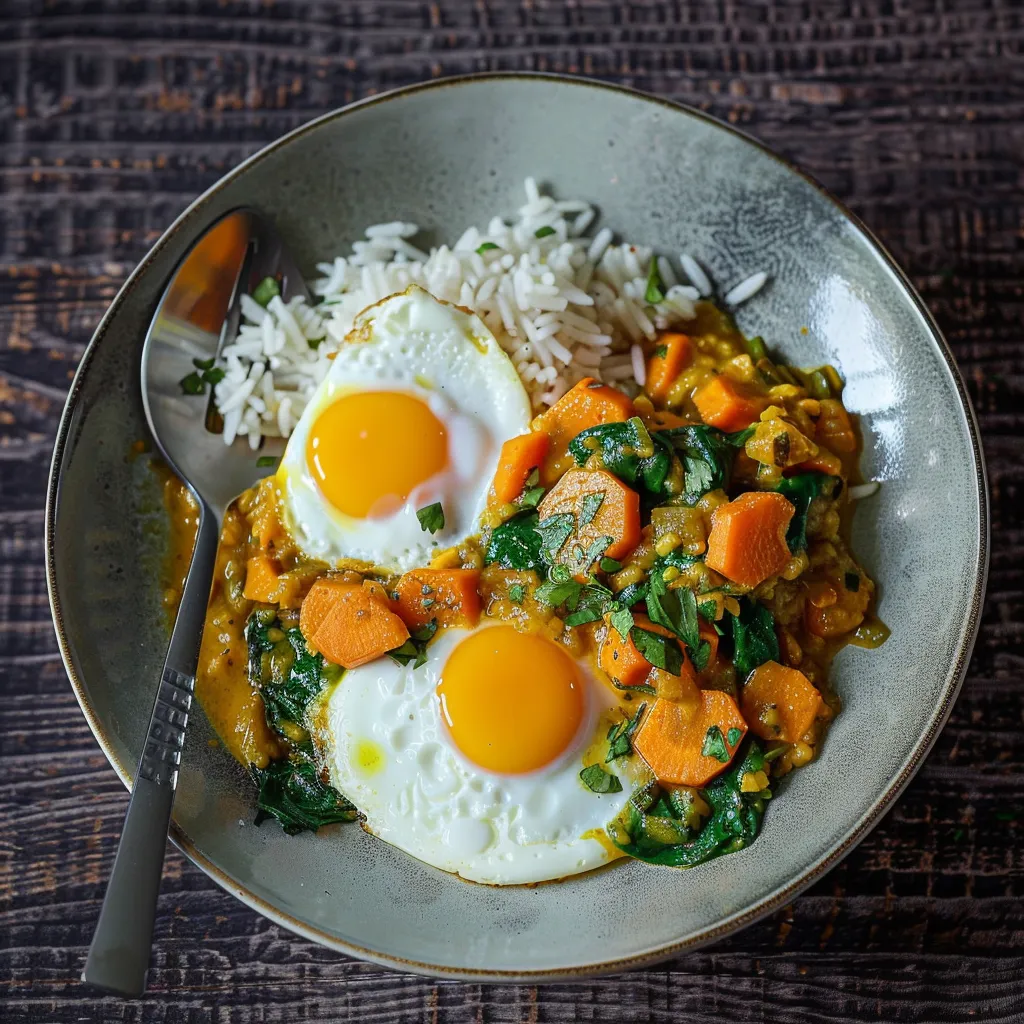 Plat de curry avec patates douces, épinards et carottes, accompagné de riz