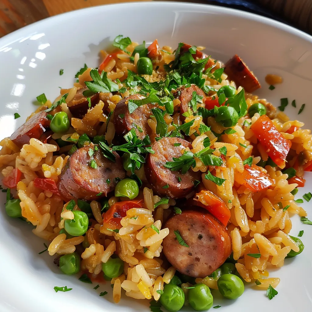 Saucisses aux petits pois et rissoni