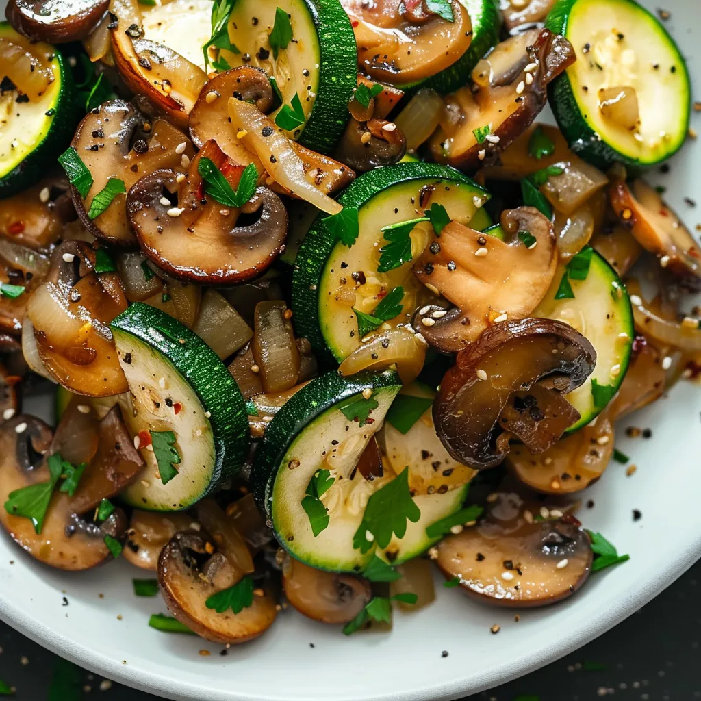 Un plat léger de courgettes et champignons sautés avec des oignons